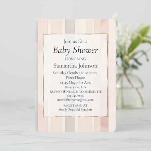 Chic Blush Pink Stripes Baby shower Kaart (Staand voorkant)