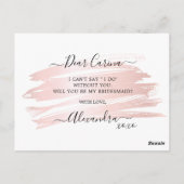 Chic Blush Pink Stroke Bridesmaid Voorstel Briefkaart (Achterkant)