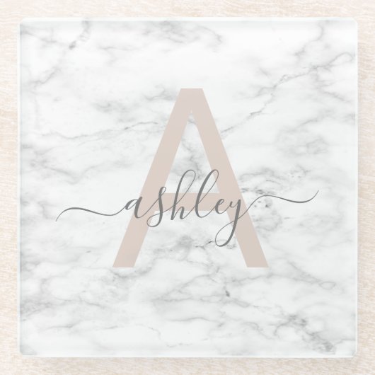 Chic Blush Pink White Marble Script Name Monogram Glazen Onderzetter (Voorkant)