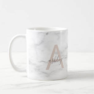 Chic Blush Pink White Marble Script Name Monogram Koffiemok