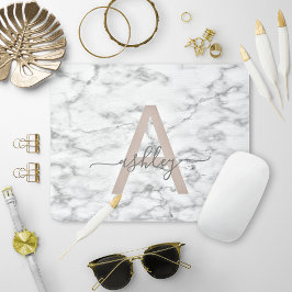 Chic Blush Pink White Marble Script Name Monogram Muismat