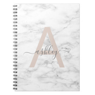 Chic Blush Pink White Marble Script Name Monogram Notitieboek