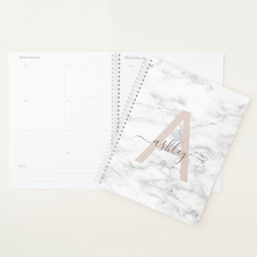 Chic Blush Pink White Marble Script Name Monogram Planner (Display)