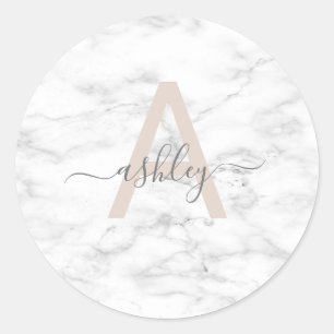 Chic Blush Pink White Marble Script Name Monogram Ronde Sticker