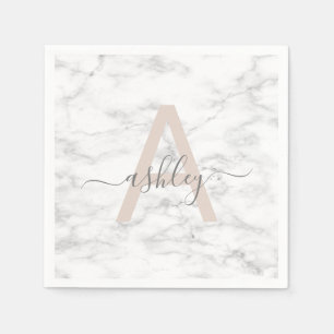 Chic Blush Pink White Marble Script Name Monogram Servet