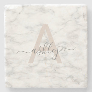 Chic Blush Pink White Marble Script Name Monogram Stenen Onderzetter