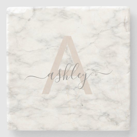 Chic Blush Pink White Marble Script Name Monogram Stenen Onderzetter (Voorkant)