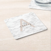 Chic Blush Pink White Marble Script Name Monogram Vierkante Kartonnen Onderzetter (Schuin)