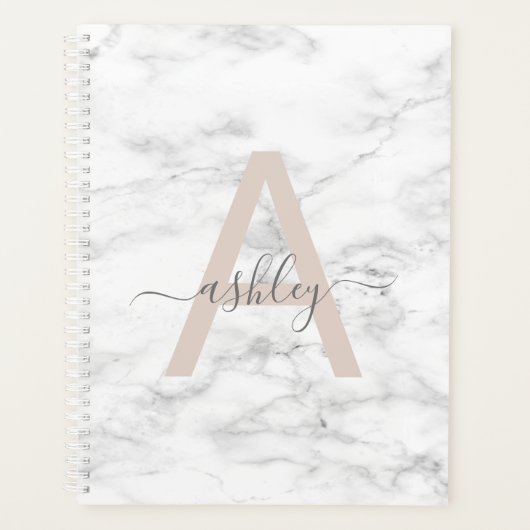 Chic Blush Pink White Marble Script Nom monogram (Devant)