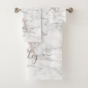 Chic Blush Pink White Marble Script Nom monogram