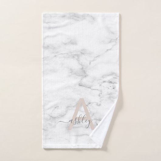 Chic Blush Pink White Marble Script Nom monogram (Serviette à main)