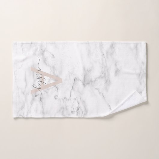 Chic Blush Pink White Marble Script Nom monogram (Serviette à main)