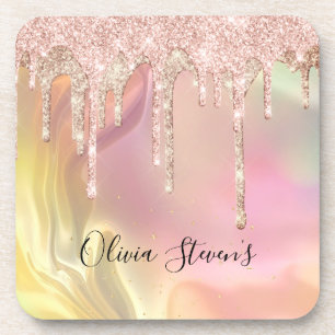 Chic blush roos unicorn dripping glitter monogram bier onderzetter
