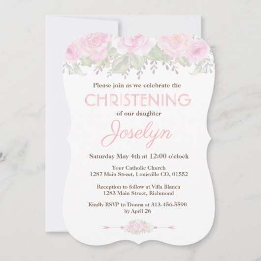 Chic Blush Rose Jardin Floral Baptême Invitation (Devant)