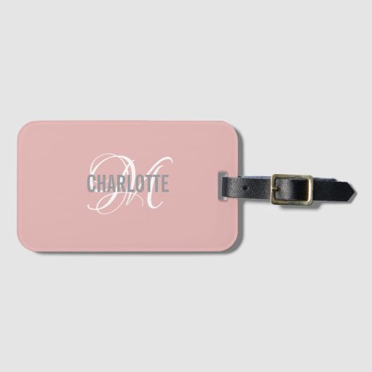 Chic blush rose monogrammed nom étiquette bagage (Devant Horizontal)