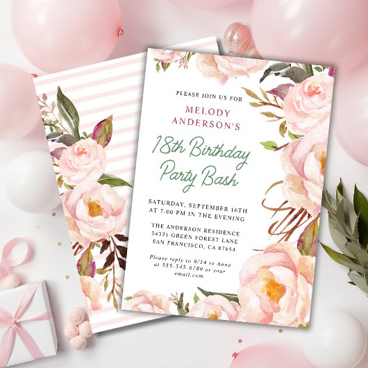 Chic Blush Roze Bloemen Verjaardag Bash Uitnodigin Kaart