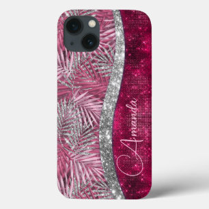 Chic blush roze fuchsia glitter blad monogram iPhone 13 hoesje