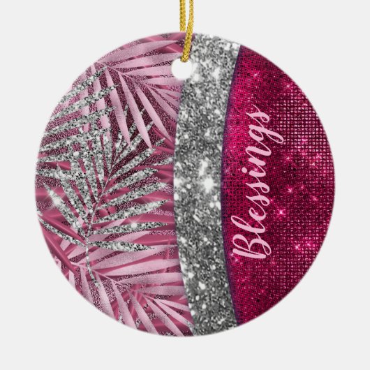 Chic blush roze fuchsia glitter blad monogram keramisch ornament (Voorkant)