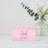 Chic Blush Roze Glitter Monogram Visitekaartje (Staand voorkant)