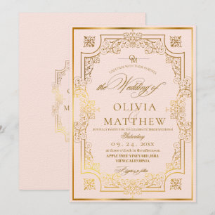 Chic Blush Roze & Goud Flora Script Wedding Kaart