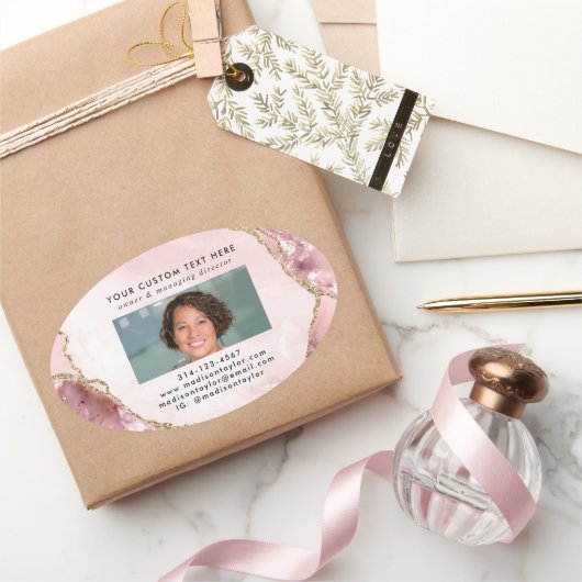 Chic Blush Roze Gouden Glitter Marmeren Fotobedrij Ovale Sticker (Geschenken)