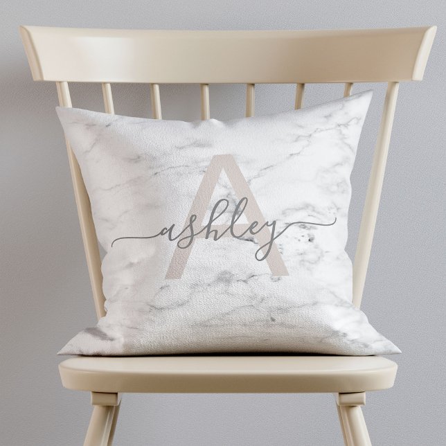Chic Blush Roze & Gray Marble Name Monogram Kussen (Creator heeft geüpload)