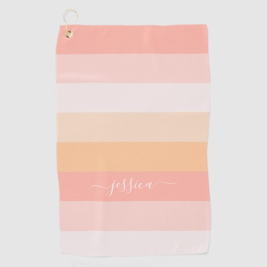Chic blush roze striped scriptnaam golfhanddoek (Voorkant)