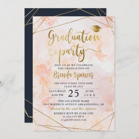 Chic Blush Waterverf Gold Geometric Afstuderen Kaart (Voorkant / Achterkant)
