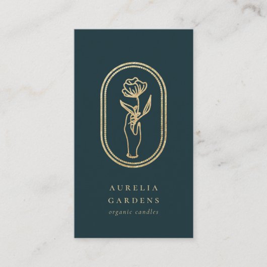 Chic Bohème Golden Floral Logo Carte de visite (Devant)