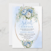 Chic Bohemian Dusty Blue Floral Gold Sweet 16 Kaart (Voorkant)