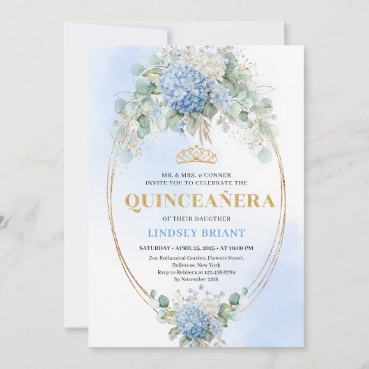 Chic Boho Blue Hydrangea 15th Birthday Invitation (Devant)