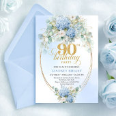 Chic Boho Blue Hydrangea Floral Gold 90th Birthday Kaart
