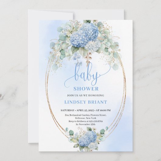 Chic Boho Blue Hydrangeas Baby Shower Invitation (Devant)