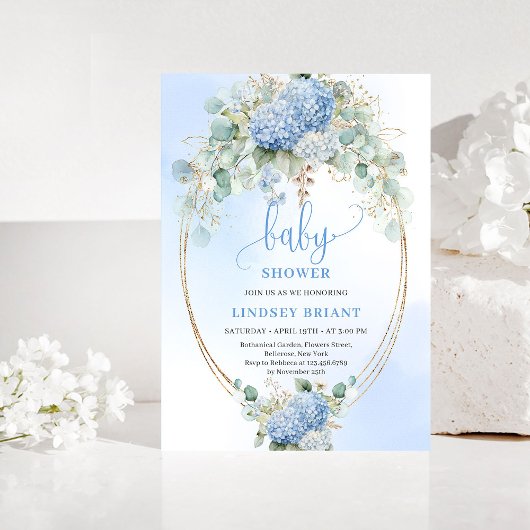 Chic Boho Blue Hydrangeas Baby Shower Invitation Kaart