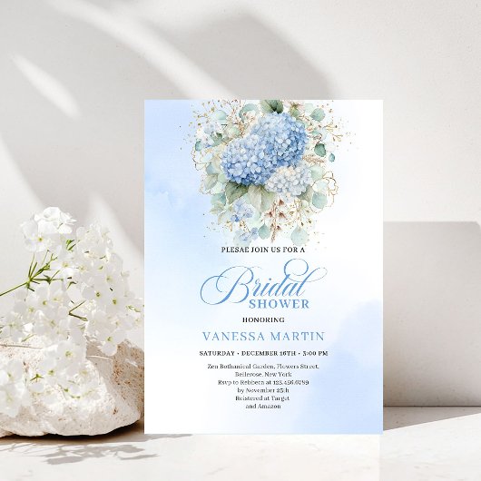 Chic Boho Blue Hydrangeas Bridal Shower Invitation Kaart