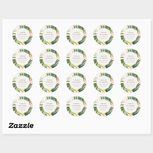 Chic Boho Blush Green Tropical Palm Leaves Beach Ronde Sticker (Vel)