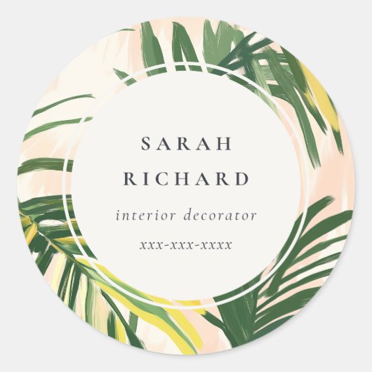Chic Boho Blush Green Tropical Palm Leaves Beach Ronde Sticker (Voorkant)