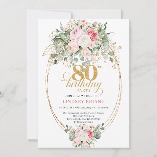 Chic Boho Blush Roses 80th Birthday Invitation   (Devant)