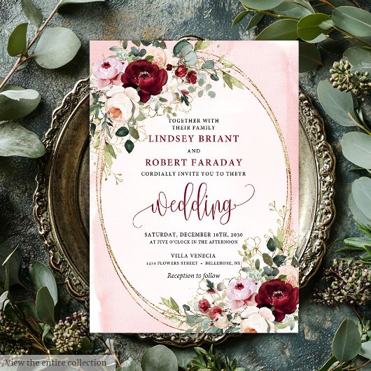 Chic Boho Burgundy Blush Gold Floral Invitation