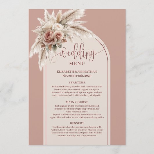 Chic Boho Dusty Pink Pampas Floral Wedding Menu (Devant)