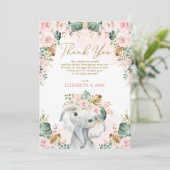Chic Boho Elephant Blush Pink Floral Baby shower Bedankkaart (Staand voorkant)