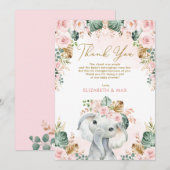 Chic Boho Elephant Blush Pink Floral Baby shower Bedankkaart (Voorkant / Achterkant)
