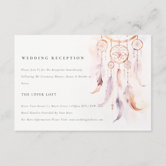 Chic Boho Feather Dreamcatcher Trouwreceptie Informatiekaartje (Voorkant)