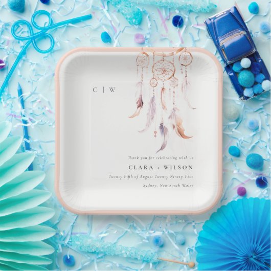 Chic Boho Feather Dreamcatcher Waterverf bruiloft Papieren Bordje (Feest)