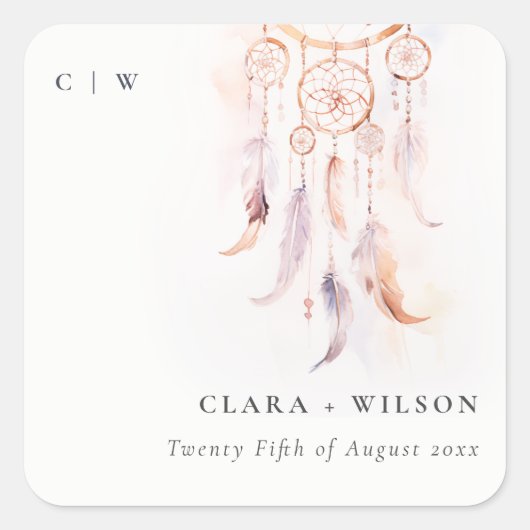 Chic Boho Feather Dreamcatcher Waterverf bruiloft Vierkante Sticker (Voorkant)