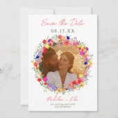 Chic boho felle wilde bloemen 2 foto's bruiloft save the date (Voorkant)