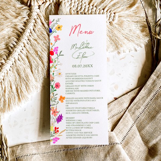 Chic boho felle wilde bloemen tuinbruiloft menu