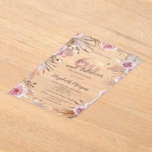 Chic Boho Flowers Roos Gold 60e verjaardag Acryl Uitnodigingen (Laagn)