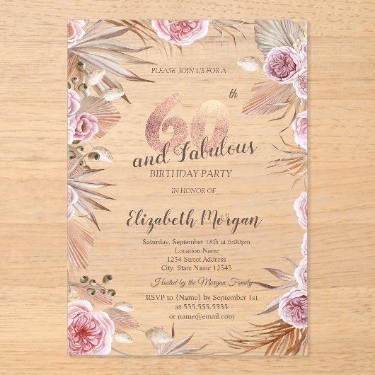Chic Boho Flowers Roos Gold 60e verjaardag Acryl Uitnodigingen (Voorkant)