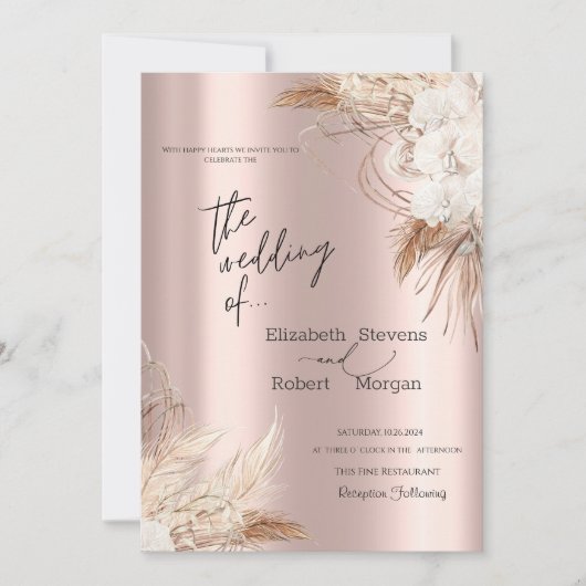 Chic Boho Flowers Roos Gold Wedding Invitation Kaart (Voorkant)